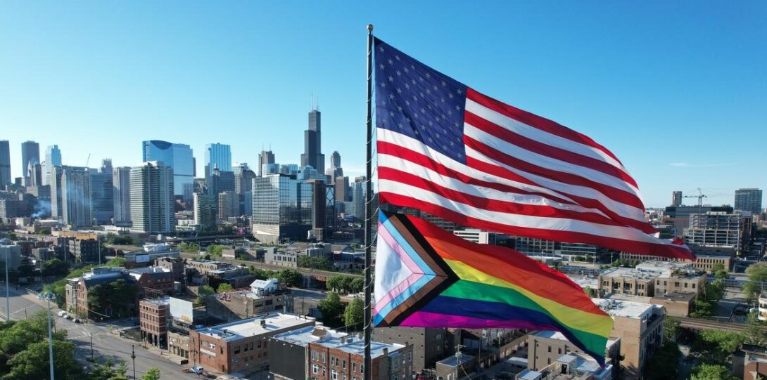 The Pride flags flies over Chicago during Pride Month